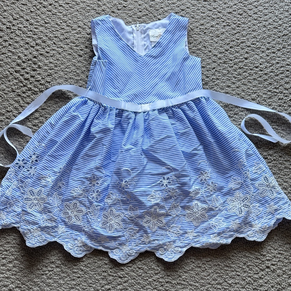 Rare Editions Light Blue Striped Floral Embroidered Dress with Satin Sash